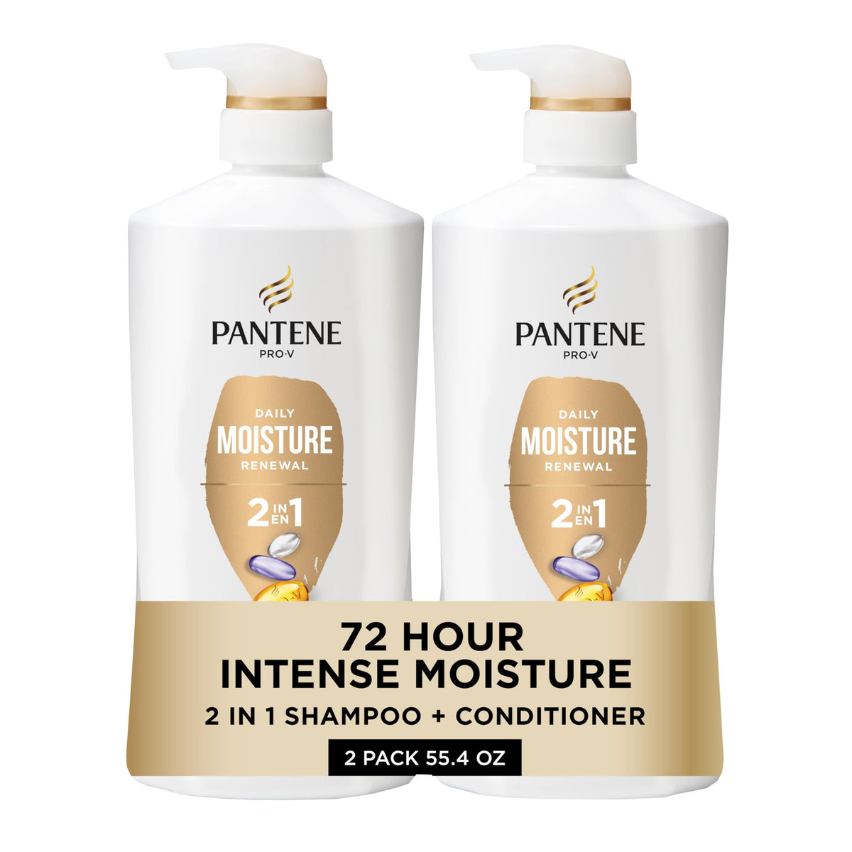 Pantene 2-in-1 front packaging showing twin bottles and Rescue Shot, easy hydration