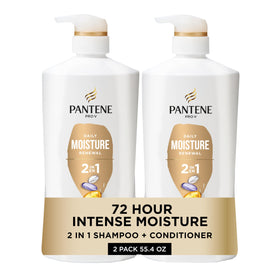 Pantene 2-in-1 front packaging showing twin bottles and Rescue Shot, easy hydration