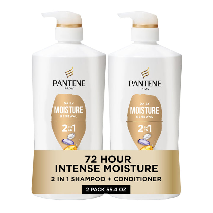 Pantene 2-in-1 front packaging showing twin bottles and Rescue Shot, easy hydration