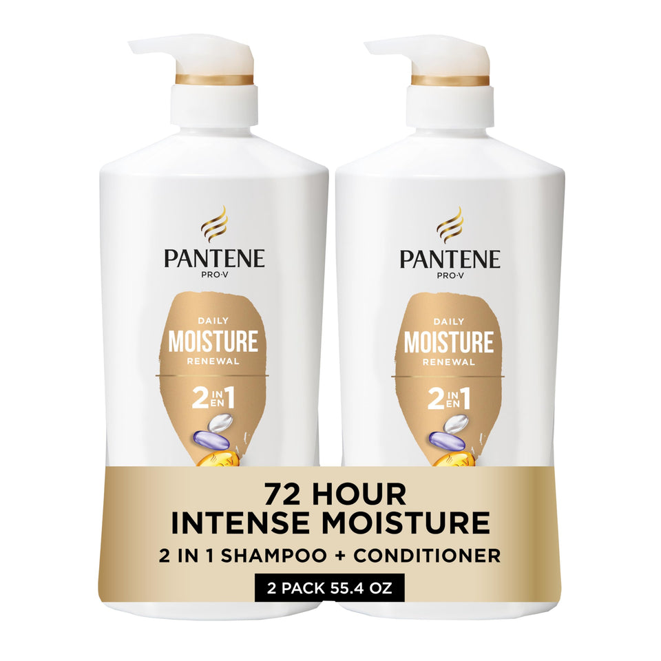 Pantene 2-in-1 front packaging showing twin bottles and Rescue Shot, easy hydration