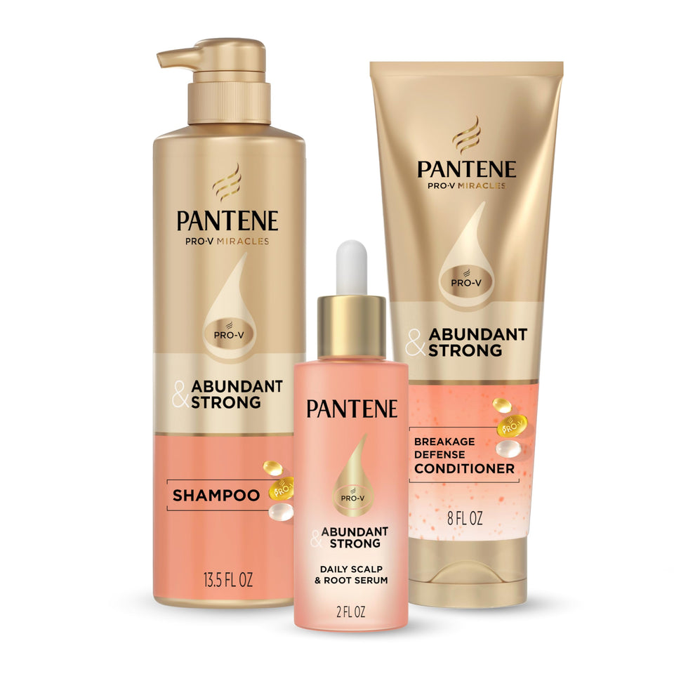 Pantene front packaging showing full 3-piece regimen and benefits