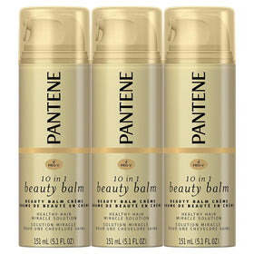 Pantene Pro-V front packaging showing three 5.1 fl oz bottles and benefits
