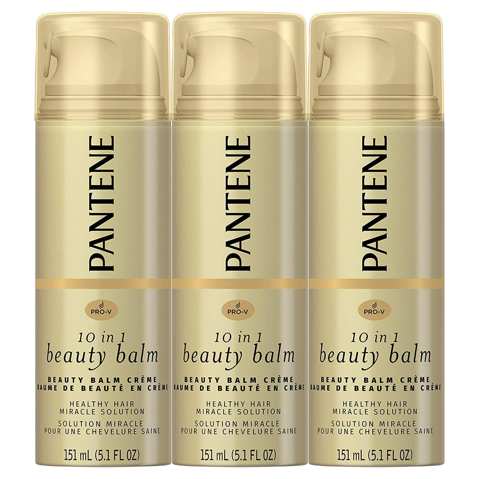 Pantene Pro-V front packaging showing three 5.1 fl oz bottles and benefits
