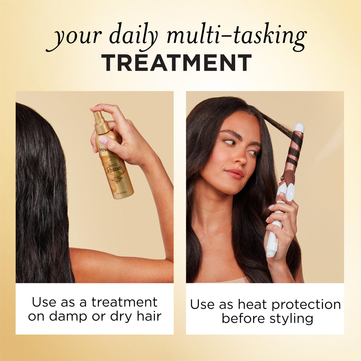 Before and after hair detangling with Pantene showing smoother strands