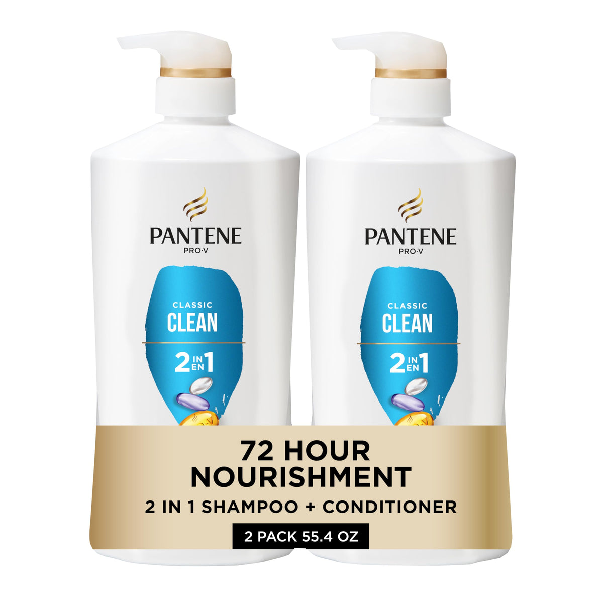 Pantene front packaging showing Pro-V 2-in-1 for quick nourishing wash