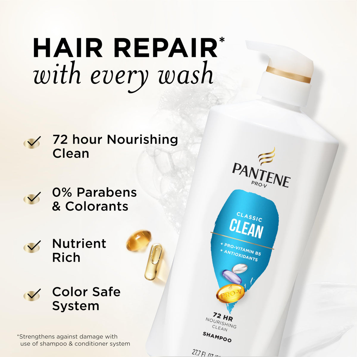 Pantene bottle pump and cap detail for easy dispensing benefit