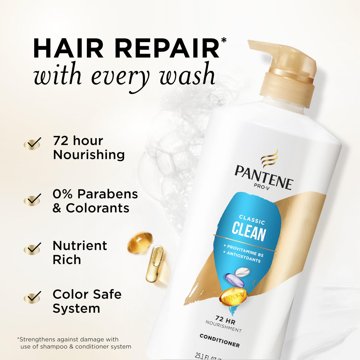 Pantene classic clean pump dispensing creamy conditioner demonstrating smooth texture