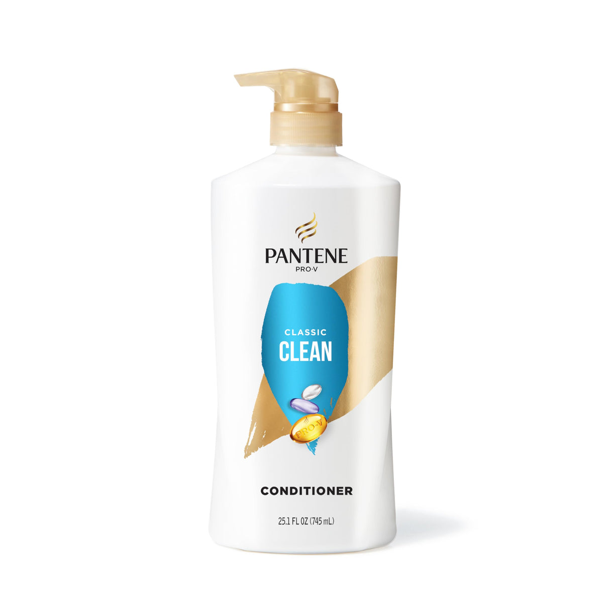 Pantene classic clean 25.1 fl oz bottle next to a ruler showing product scale