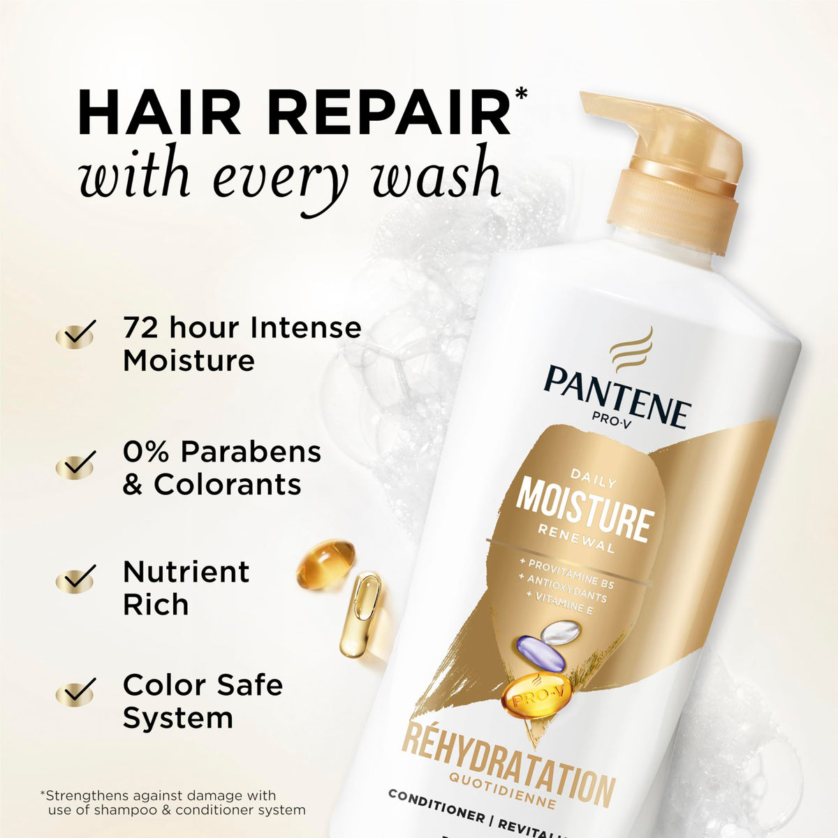 Pantene bottle beside a ruler to show 25.1 fl oz size and scale