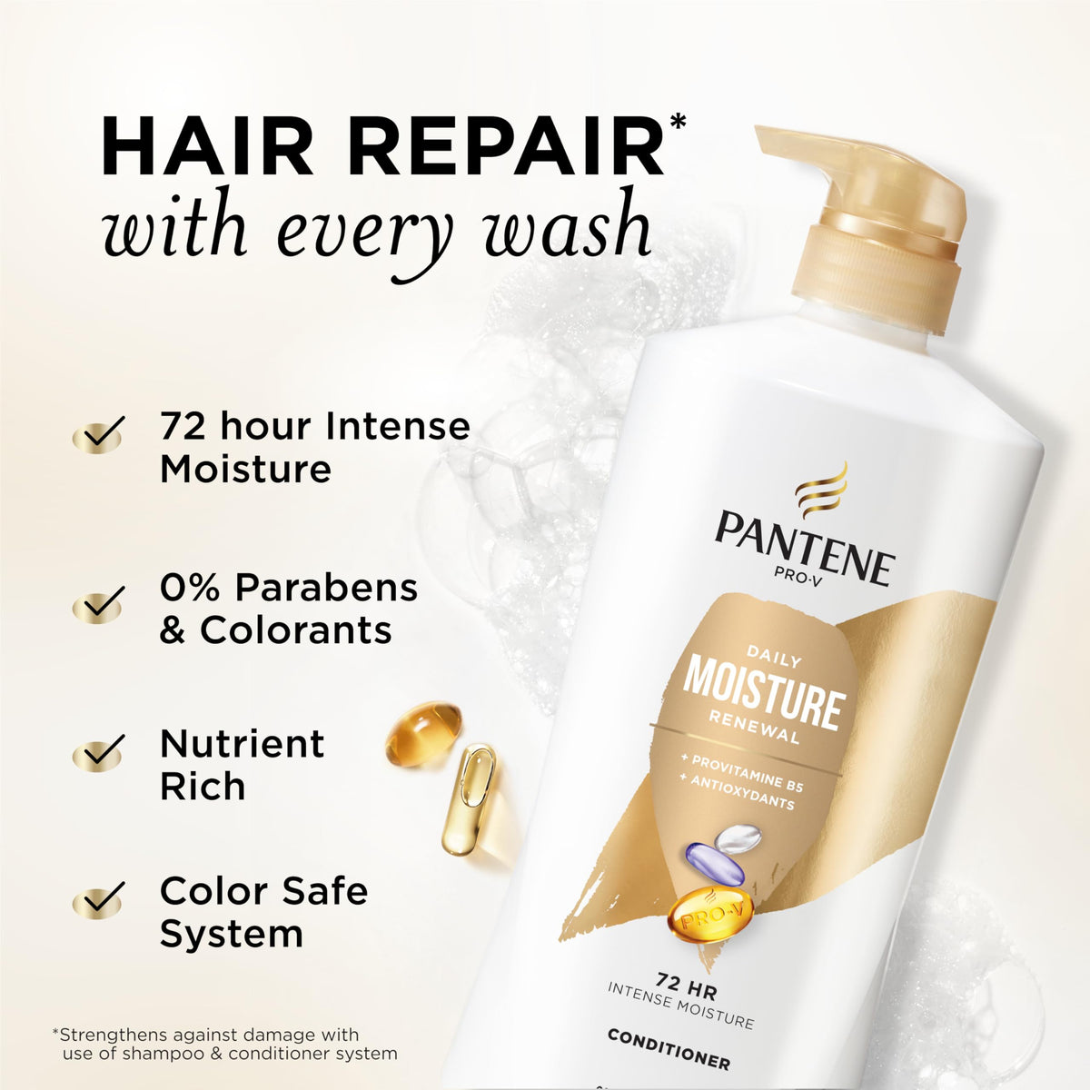 Pantene conditioner pouring from bottle to show consistency and easy use