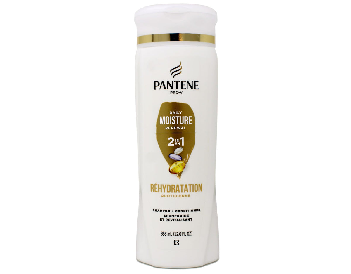 Pantene front packaging showing the 2-in-1 bottle and clear benefits