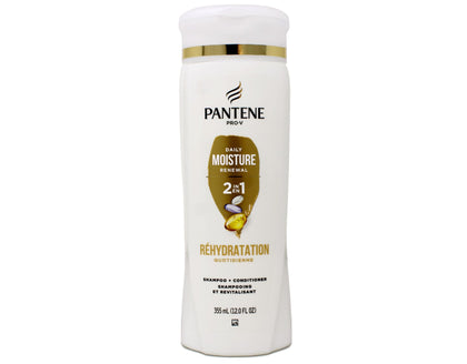 Pantene front packaging showing the 2-in-1 bottle and clear benefits