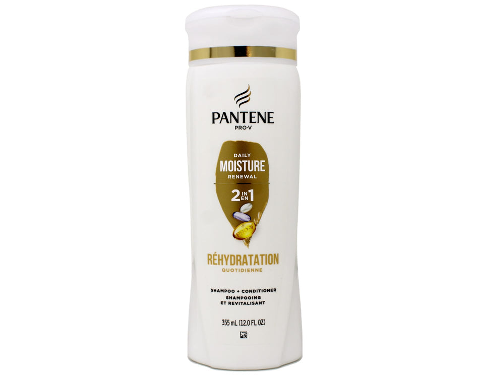 Pantene front packaging showing the 2-in-1 bottle and clear benefits