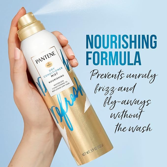 Pantene mist being applied to dry hair showing instant hydration and smoother strands