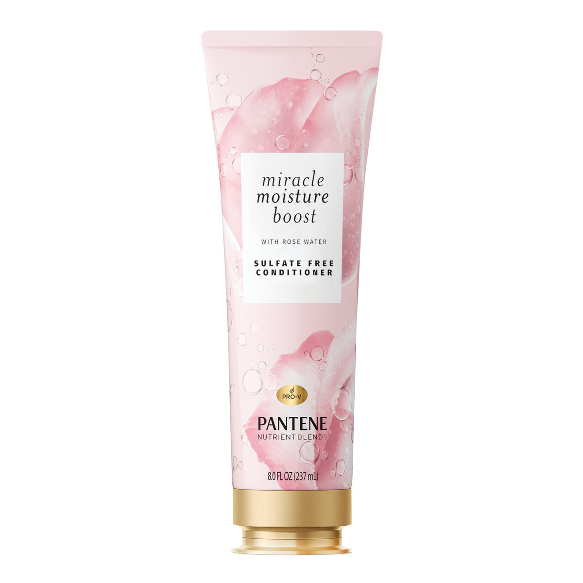 Pantene front label showing rose water benefit and hydrating effect