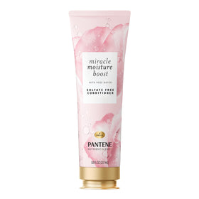 Pantene front label showing rose water benefit and hydrating effect