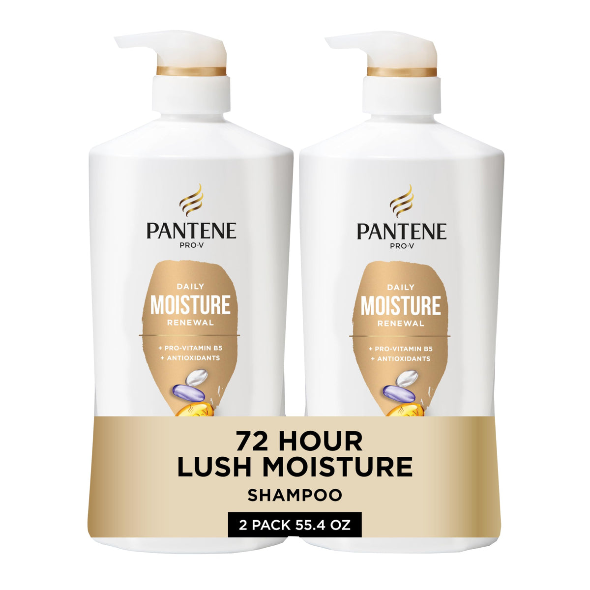 Pantene front packaging showing two large bottles and benefits