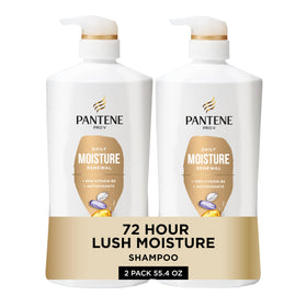 Pantene front packaging showing two large bottles and benefits