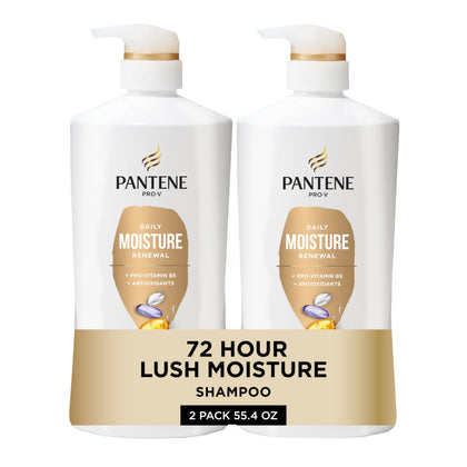 Pantene front packaging showing two large bottles and benefits