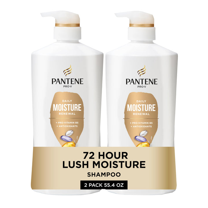 Pantene front packaging showing two large bottles and benefits
