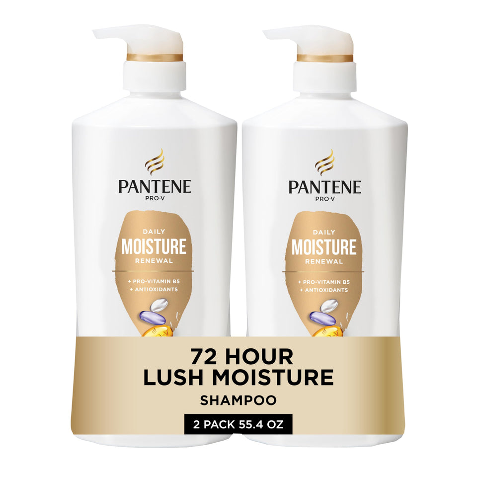 Pantene front packaging showing two large bottles and benefits