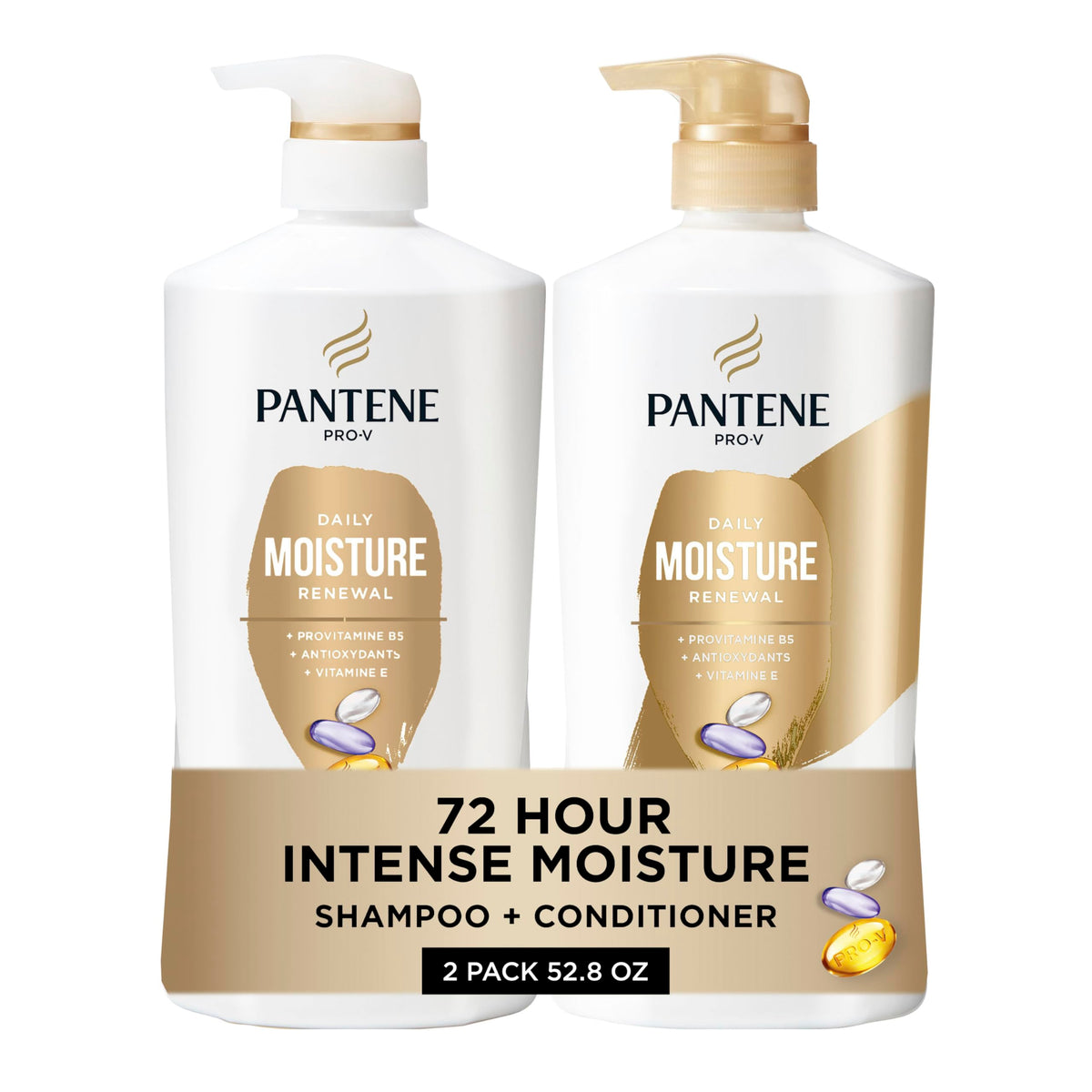 Pantene front packaging showing shampoo and conditioner pumps for easy use