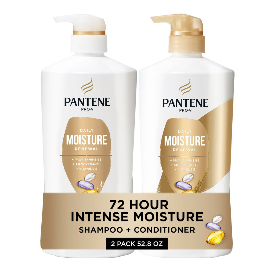 Pantene front packaging showing shampoo and conditioner pumps for easy use