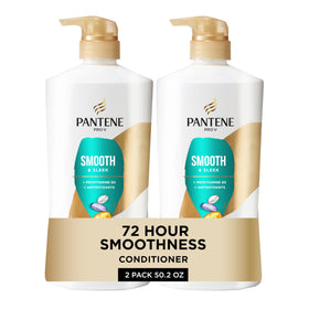 Pantene front packaging showing Smooth & Sleek 2-pack with long-lasting frizz control