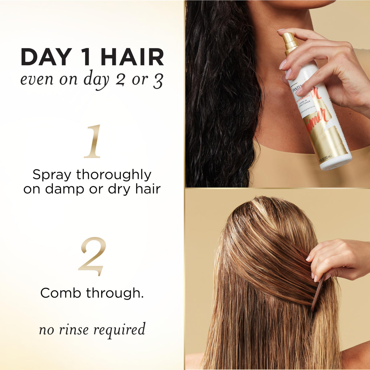 Pantene being sprayed on wet hair to detangle before combing