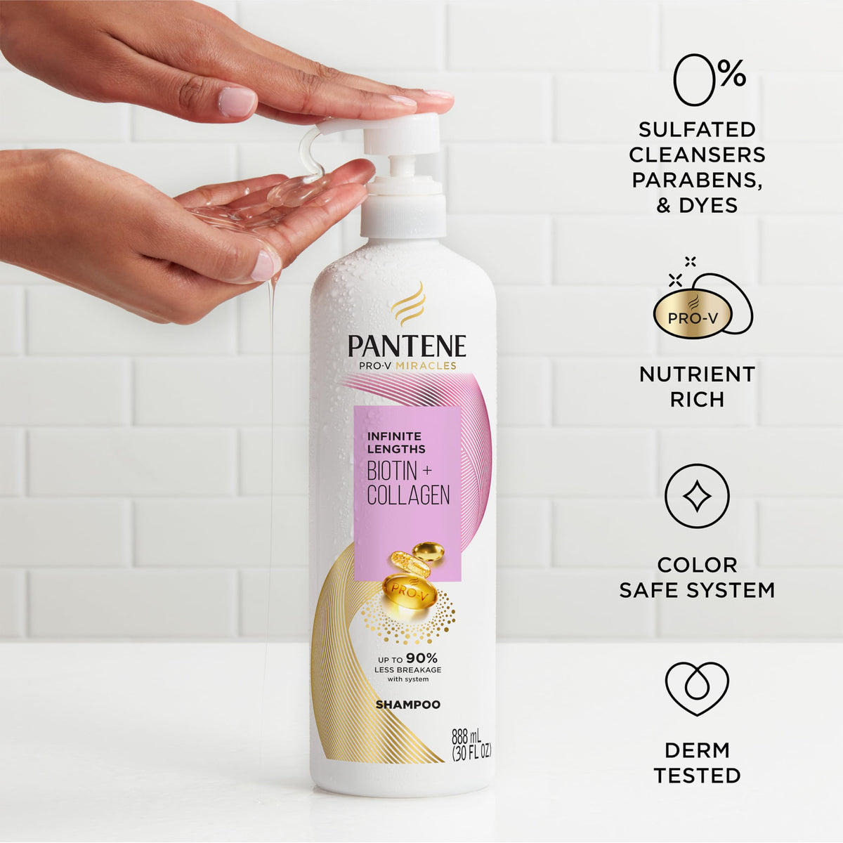 Pantene bottle size comparison next to hand showing 30 fl oz value and long‑lasting benefit