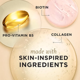 Pantene close-up label of ingredients, shows biotin and collagen benefits