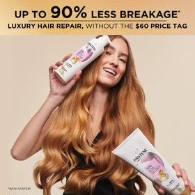 Biotin and collagen concept image next to Pantene bottle illustrating strengthening benefit