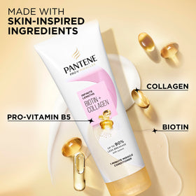 Pantene 10.9 fl oz bottle beside everyday items showing real size and convenience