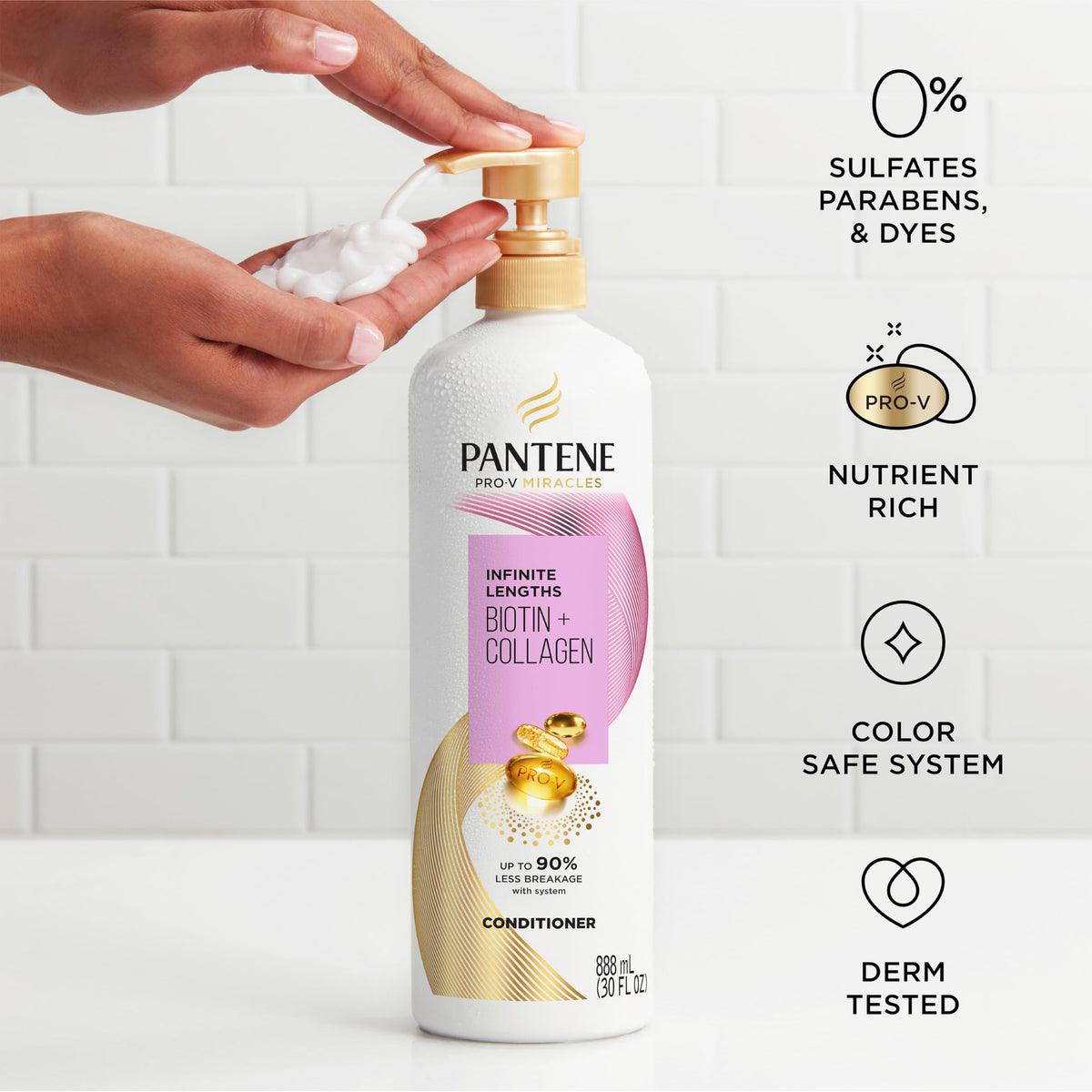 Pantene 30 fl oz bottle beside common objects for scale, shows large size
