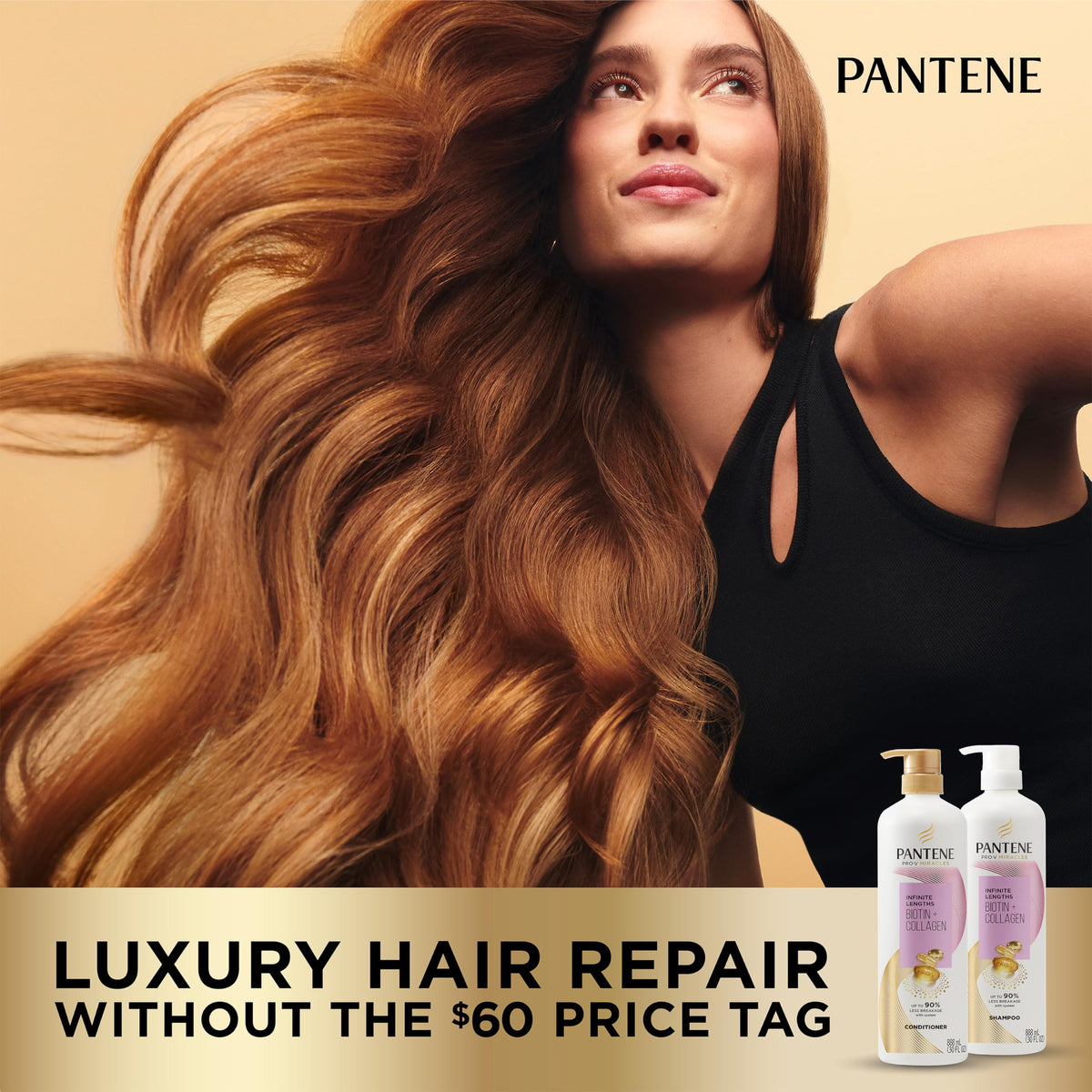 Pantene conditioner paired with Infinite Lengths shampoo, demonstrates routine