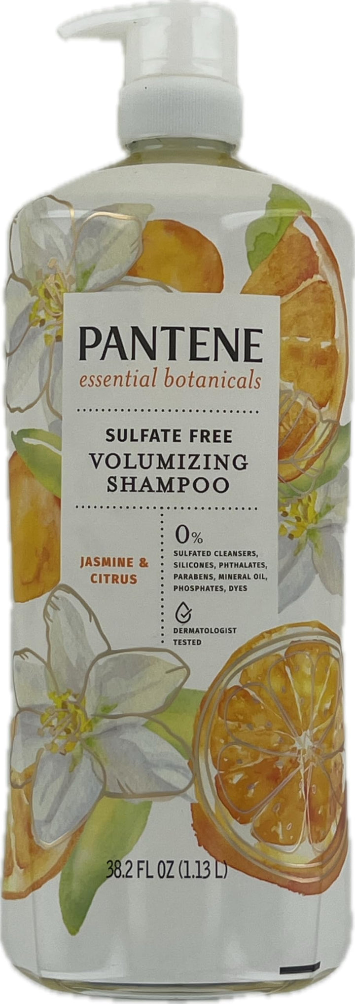 Pantene bottle front view showing jasmine and citrus scent and volumizing benefit