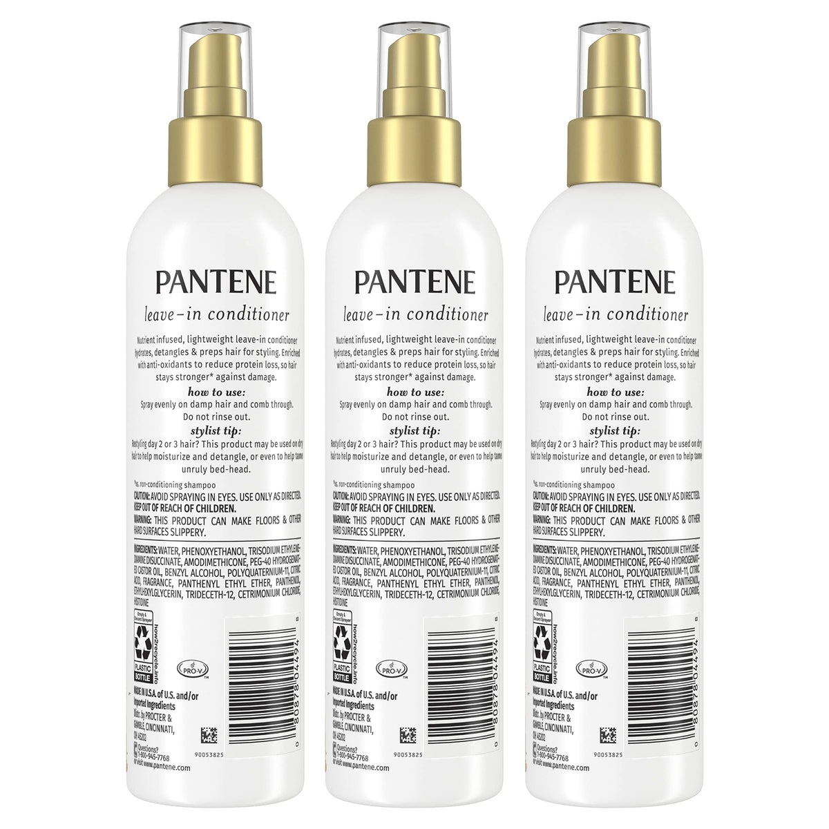 Pantene bottles on bathroom shelf showing 3-pack convenience at home