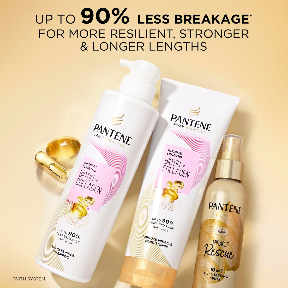 Pantene bottle styled on bathroom shelf in lifestyle setting showing daily routine benefit