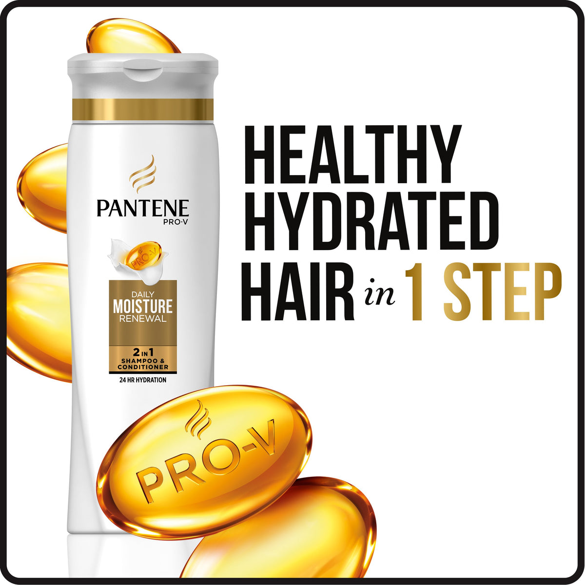 Pantene Pro-V bottle with cap open dispensing product, convenient single-step use