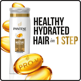 Pantene Pro-V bottle with cap open dispensing product, convenient single-step use
