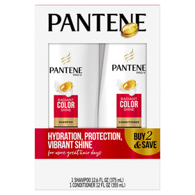 Pantene front view of radiant color shine shampoo and conditioner showing packaging and size benefit