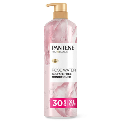 Pantene bottle front showing rose water conditioner and benefits