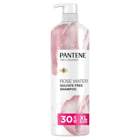Pantene bottle front label showing rose water hydration and Pro-V benefits