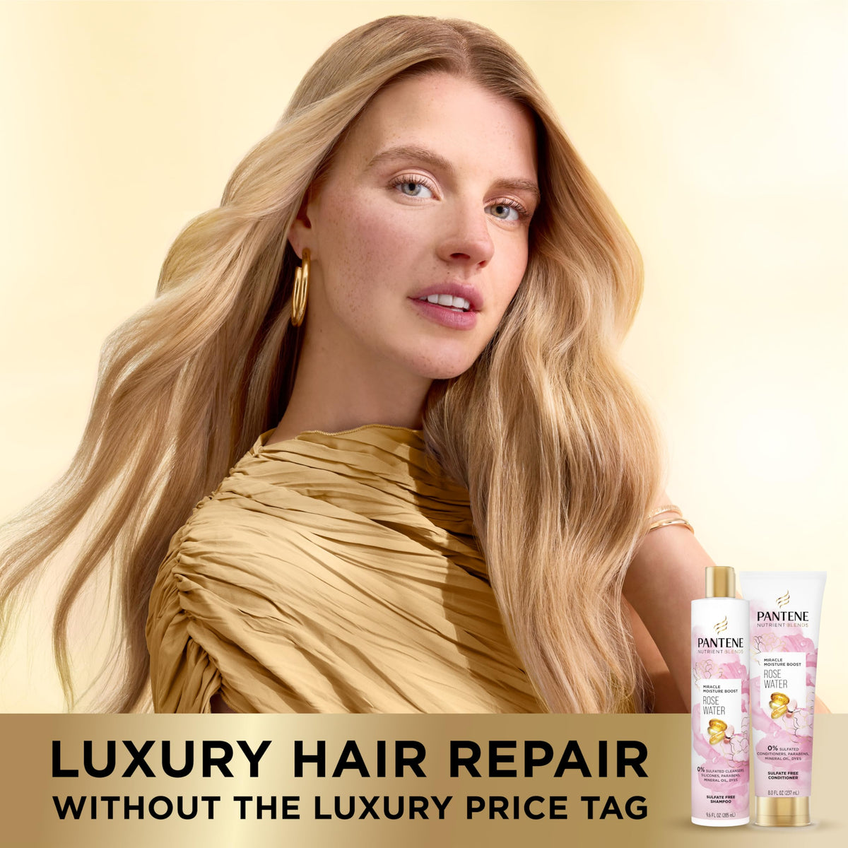Pantene rose water visual emphasizing natural ingredient hydration