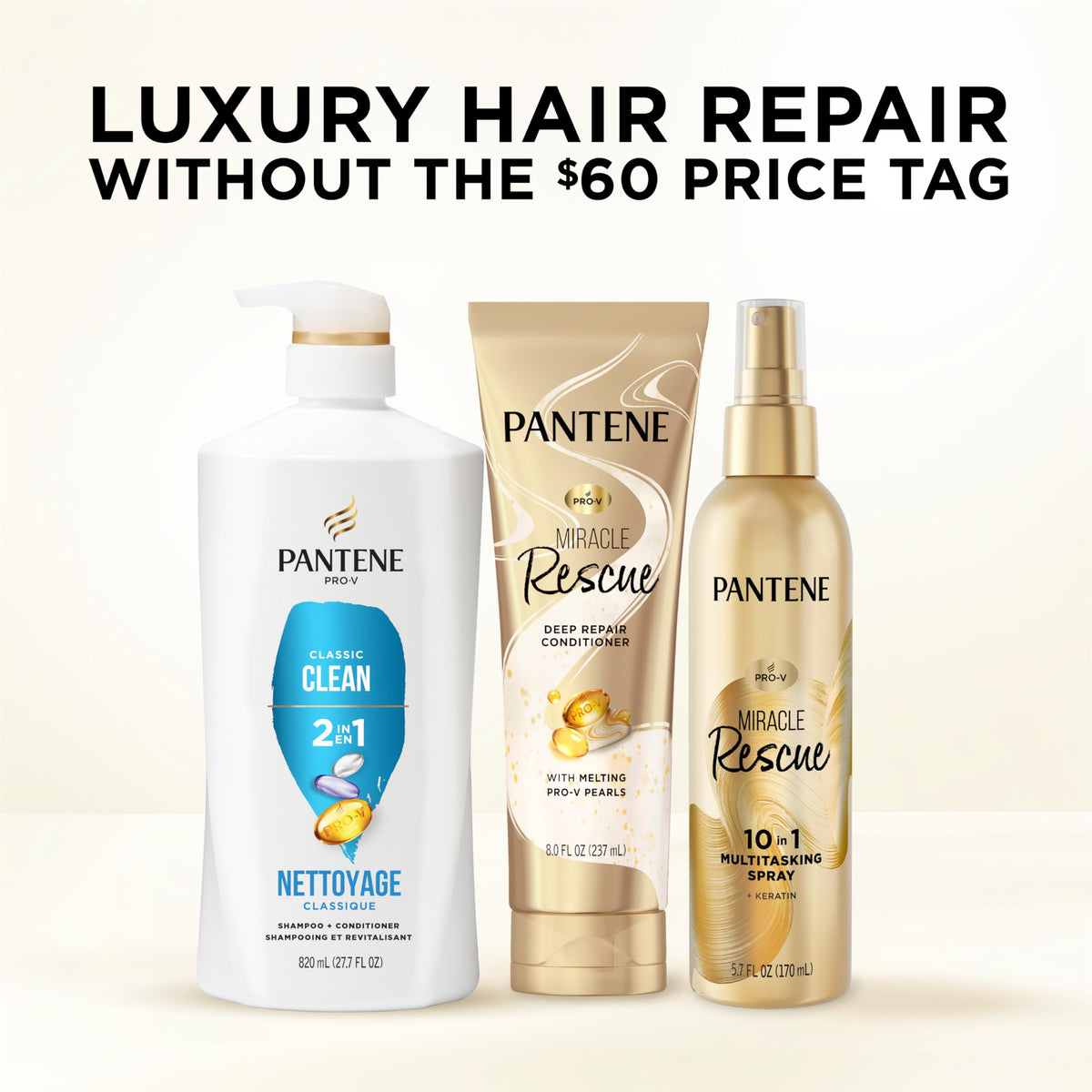 Pantene bottle held in hand to show large 27.7 oz size and longevity