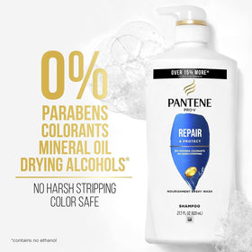 Pantene shampoo bottle close-up label highlighting nourishing formula benefits