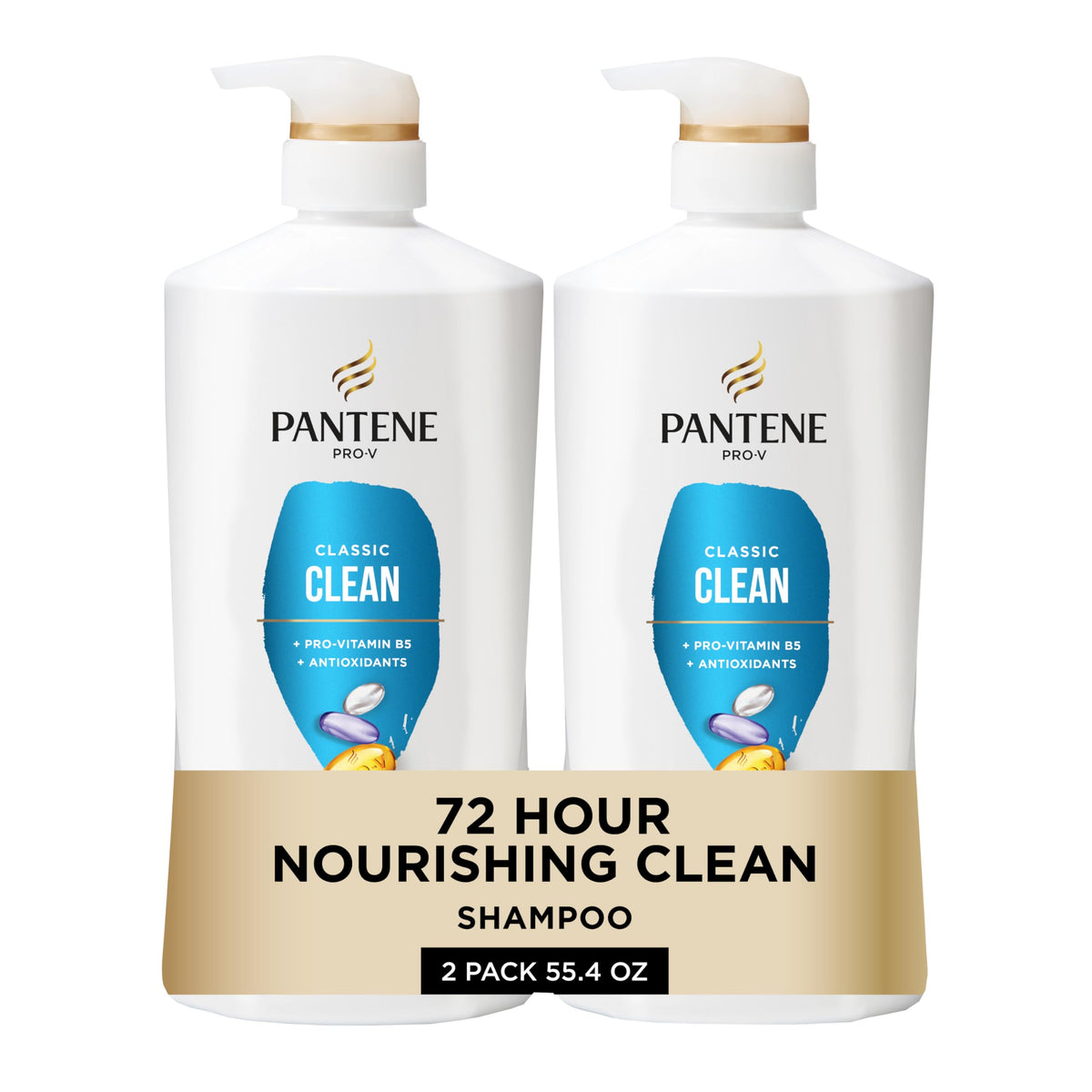 Pantene front bottles showing Pro-V Classic Clean benefits