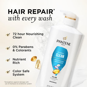 Pantene shampoo texture pouring to show creamy nutrient-rich lather