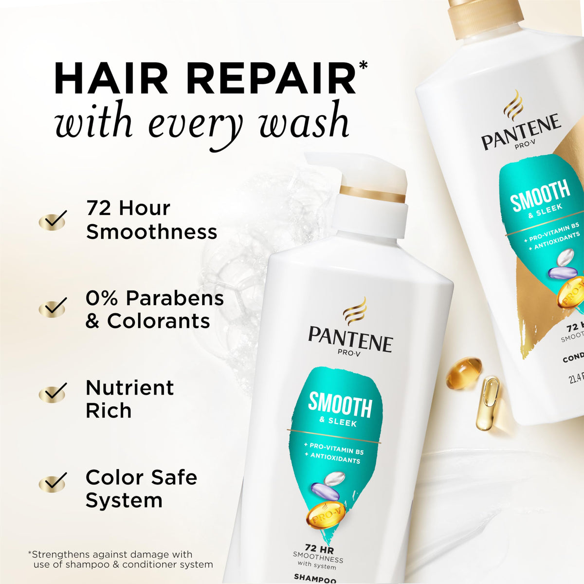 Pantene shampoo pump close-up highlighting easy dispensing and frizz control