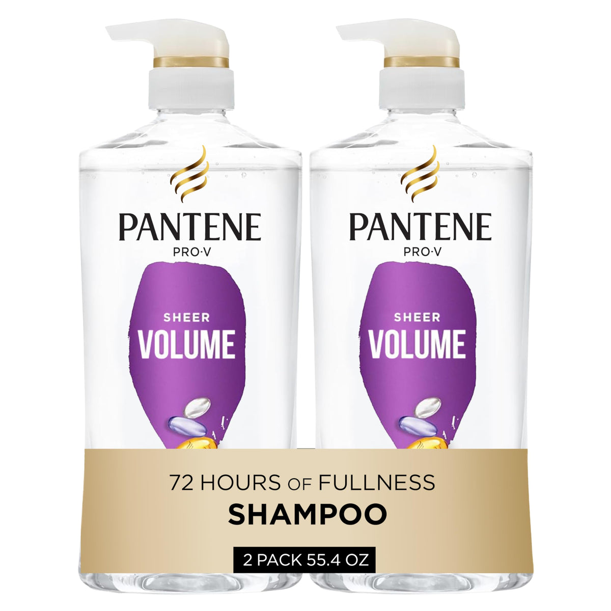 Pantene front packaging shows Sheer Volume shampoo and benefits